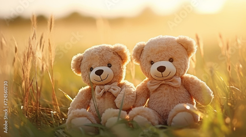 Couple teddy bears in flowers garden green grass, Valentine's day concept © RainMelon