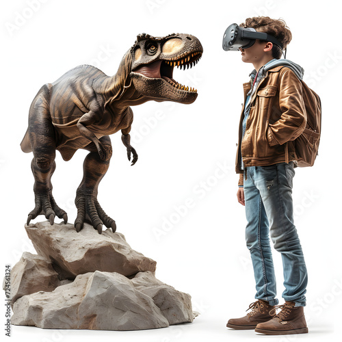Young adult using virtual reality to explore prehistoric landscapes isolated on white background  space for captions  png 