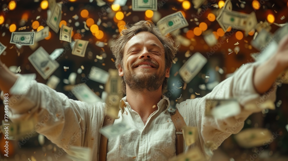 Portrait of a happy young man with money in his hands. Generative Ai. Portrait of a happy young man with money in his hands. Generative Ai.