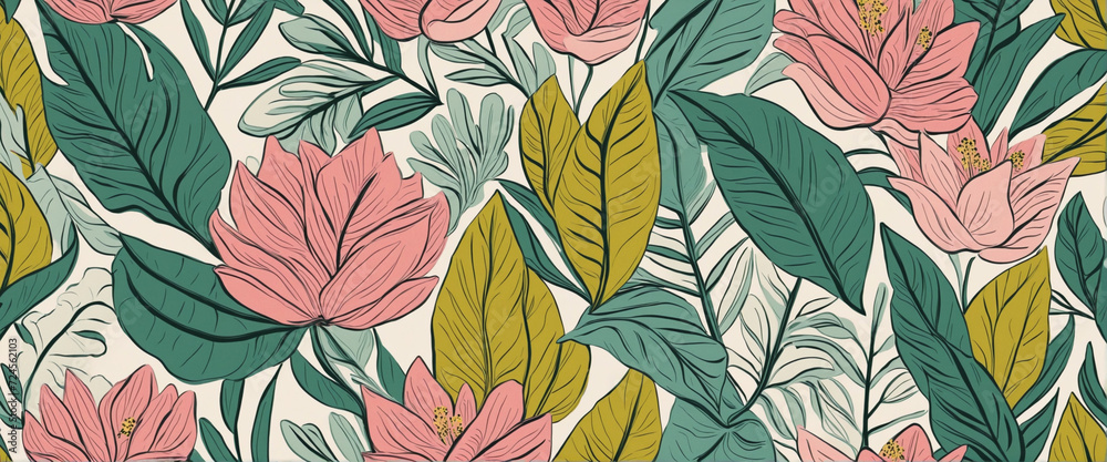 Abstract plant leaf art pattern set with colorful hand drawn exotic summer foliage doodle. Organic leaves cartoon background collection, simple nature shapes in vintage pastel colors. 