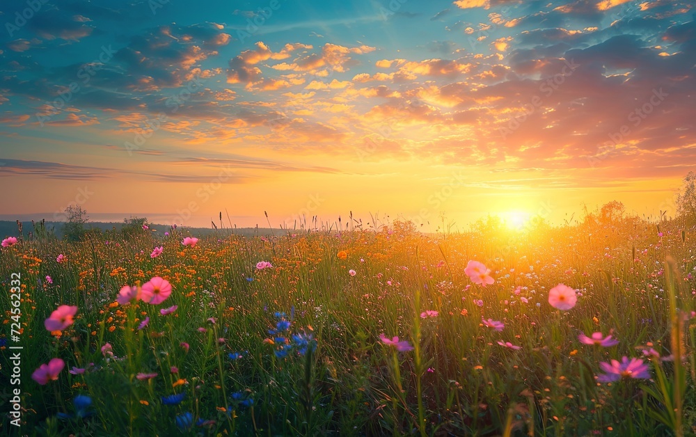 Colorful spring sunrise on the meadow