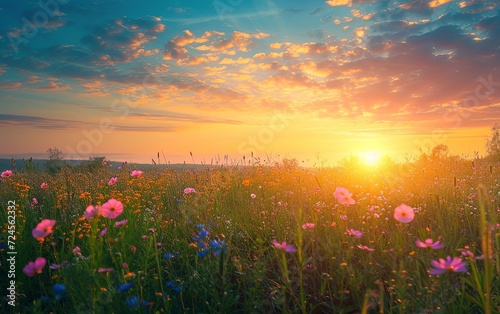 Colorful spring sunrise on the meadow