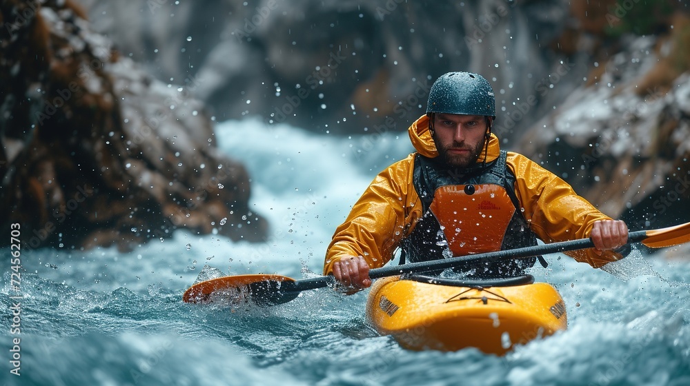 View of a young man kayaking in river. Generative Ai. View of a young man kayaking in river. Generative Ai.