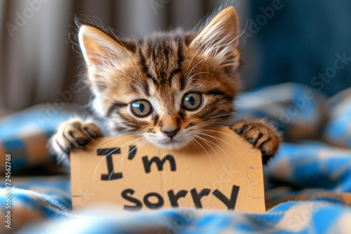 Apology in Eyes: An Adorable Kitten Holding an 'I'm Sorry' Sign