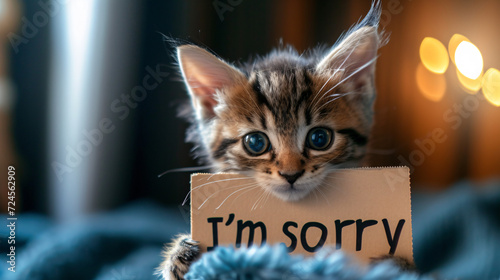 Apology in Eyes: An Adorable Kitten Holding an 'I'm Sorry' Sign