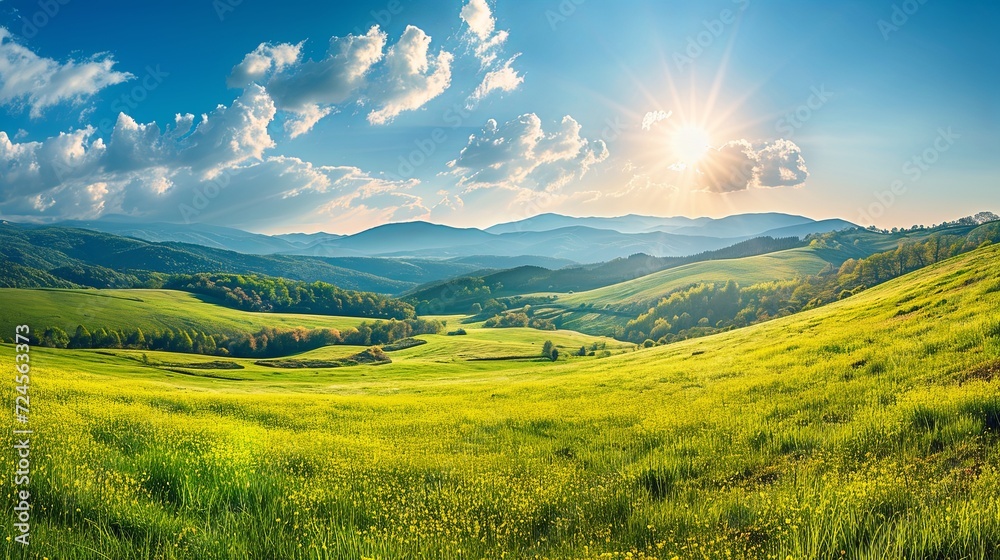 Panorama of beautiful countryside. Sunny afternoon. Wonderful springtime landscape in the mountains. Grassy field and rolling hills