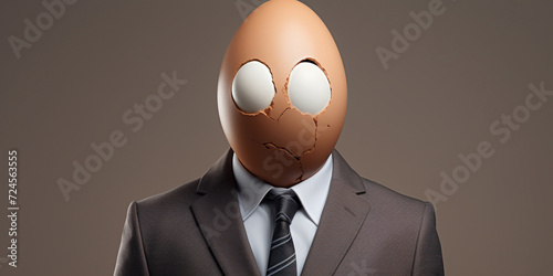 Businessman with Egg Head Wearing Sad Face  on brown . photo