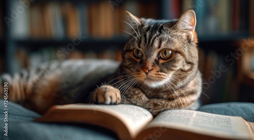 a_cat_is_reading_a_book_with_glasses