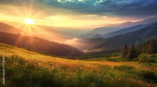 Sunset in the mountain valley. Beautiful natural landscape in the summertime