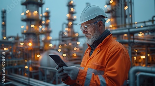 Refinery worker with tablet standing in front of the oil pump. Generative Ai.