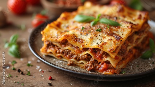 Italian lasagna close-up on the table. Generative Ai. 