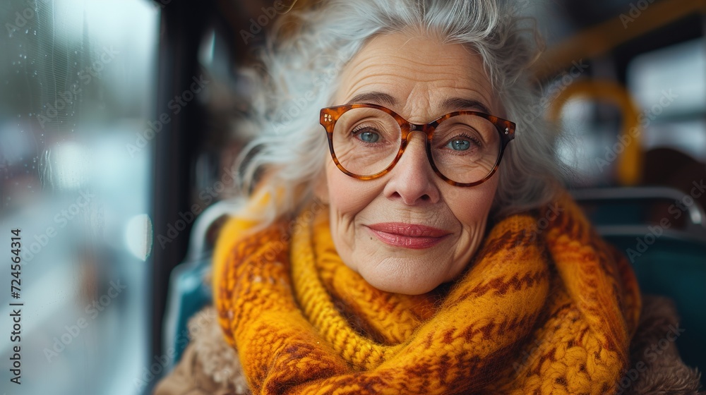 Portrait of senior woman with eyeglasses sitting on the bus. Generative Ai. Portrait of senior woman with eyeglasses sitting on the bus. Generative Ai.