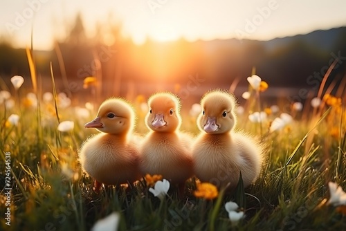 Charming little ducklings enjoying the outdoor scenery with ample copy space on lush green grass photo