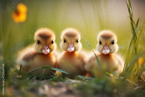 Group of cute little ducklings playing and exploring in the green grassy outdoors