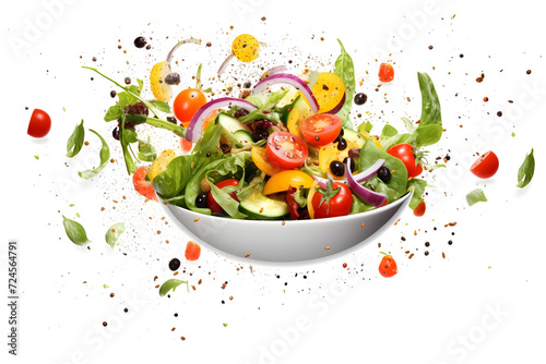 Vegetable salad in levitation. Flying pieces of salad over a white bowl isolated on white 