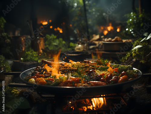 A pan of food is cooking over a fire pit