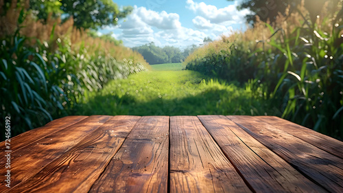 The empty wooden brown table top with blur background of sugarcane plantation  generated AI