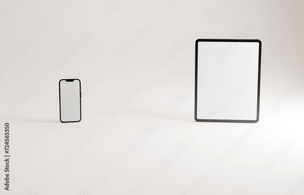 High end premium smartphone and tablet mockup on white studio backdrop. Advertising mockup High end premium smartphone and tablet mockup on white studio backdrop. Advertising mockup