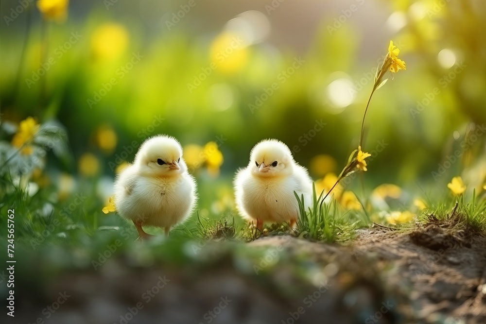 Lovely, playful baby chicks on fresh green grass, serene natural outdoor scene with ample copy space