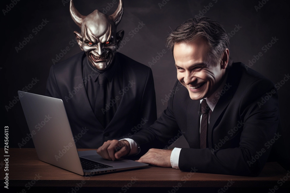 Evil businessman portrait with evil smile at laptop Evil businessman portrait with evil smile at laptop