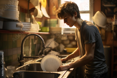 Young man washing dishes in restaurant kitchen photo