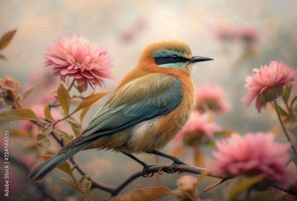 Obraz premium colorful_bird_on_a_branch_with_green_leaves