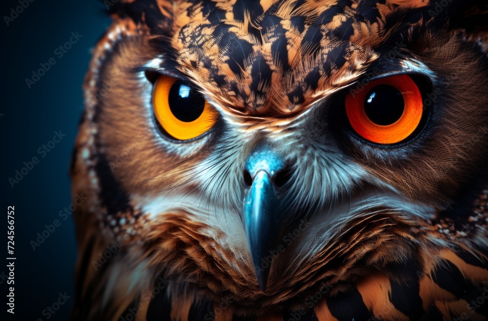 An alluring screech owl with vibrant orange eyes peers through the foliage, captivating all who cross its path with its mesmerizing gaze An alluring screech owl with vibrant orange eyes peers through the foliage, captivating all who cross its path with its mesmerizing gaze