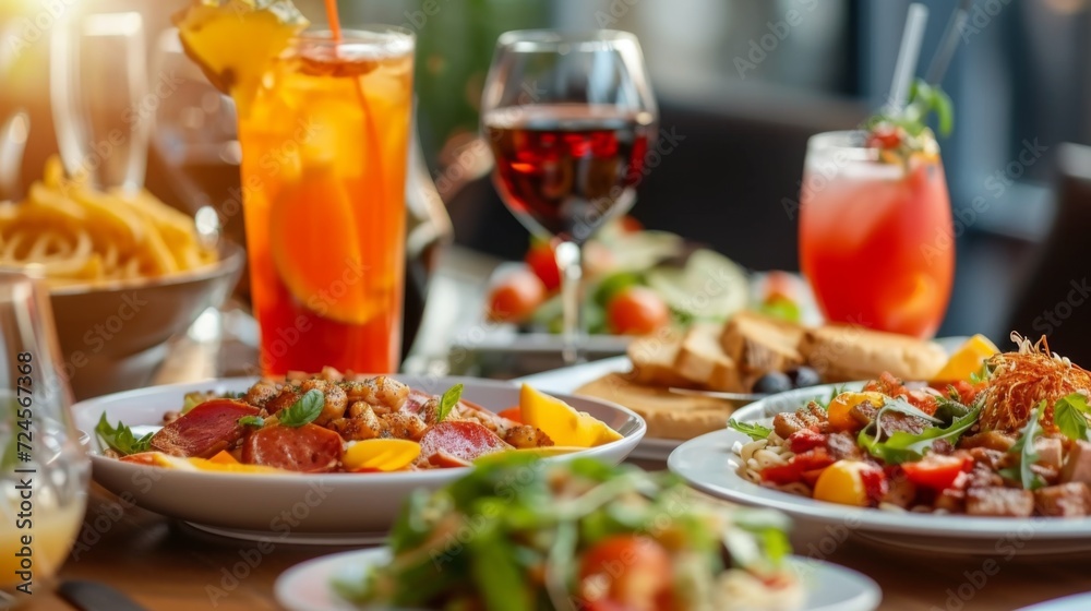  "Repas rafraîchissant : Assiette de salade fraîche avec verre de boisson orange" - obrazy, fototapety, plakaty 