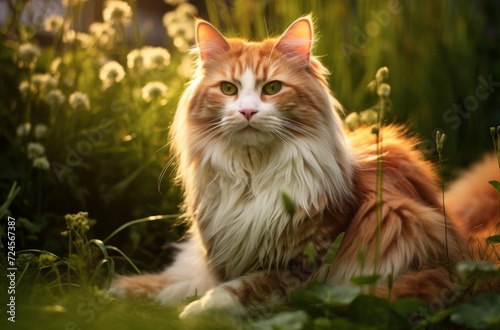 A serene domestic cat enjoys the warmth of the sun while surrounded by a sea of vibrant green grass and delicate wildflowers