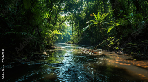 Tropical Forest Landscape with Serene River Amid Lush Greenery