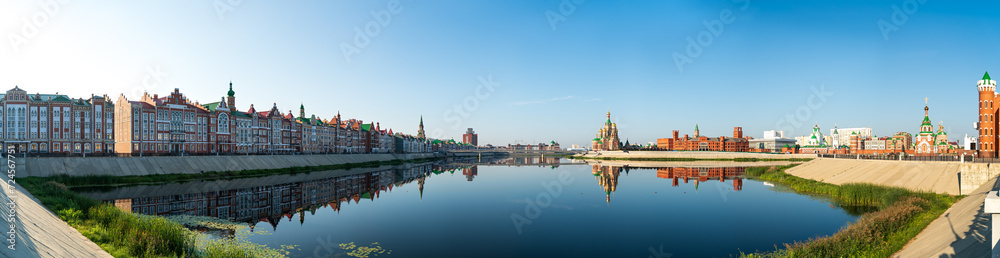 Yoshkar-Ola, Russia. Panorama of the city center. Malaya Kokshaga river, Bruges embankment, Theater bridge, Voskresenskaya embankment