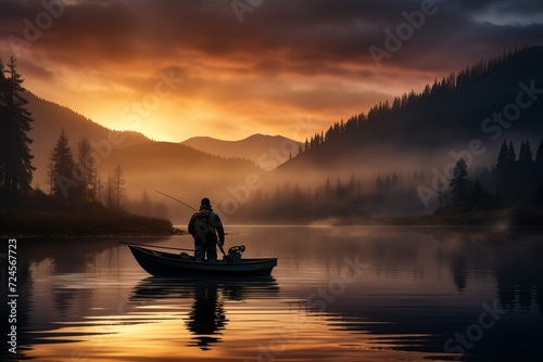 Fisherman catching fish on inflatable boat with copy space, outdoor angling hobby photo