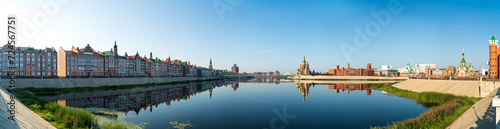 Yoshkar-Ola, Russia. Panorama of the city center. Malaya Kokshaga river, Bruges embankment, Theater bridge, Voskresenskaya embankment