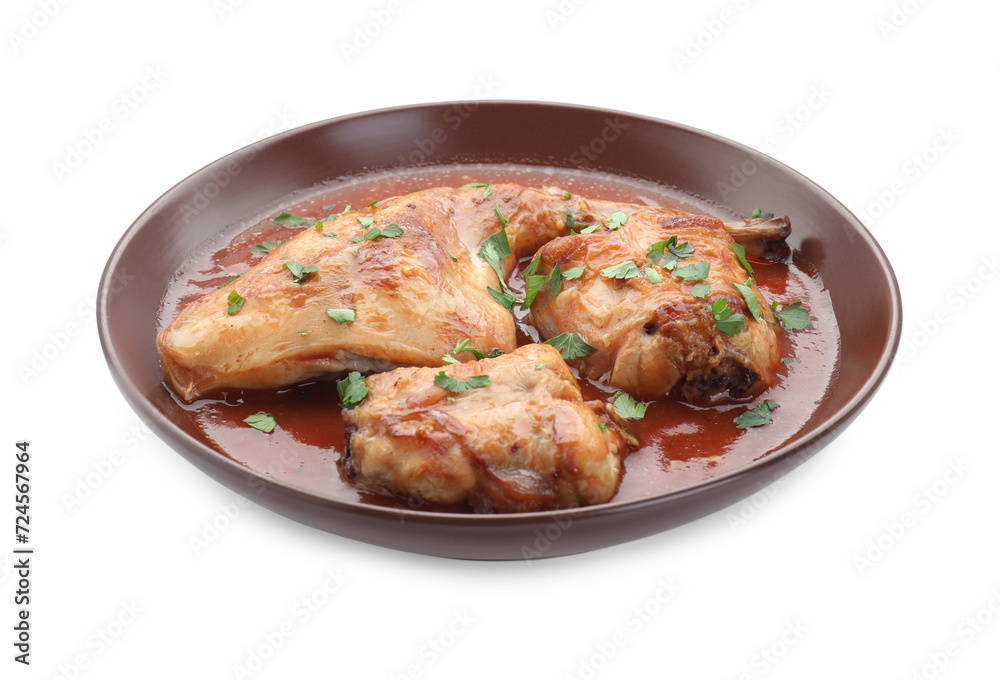 Tasty cooked rabbit meat with sauce and parsley isolated on white Tasty cooked rabbit meat with sauce and parsley isolated on white