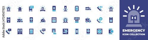 Emergency icon collection. Duotone color. Vector and transparent illustration. Containing siren, tech support, press, ambulance, alarm, emergency call, emergency exit, emergency button, emergency. photo