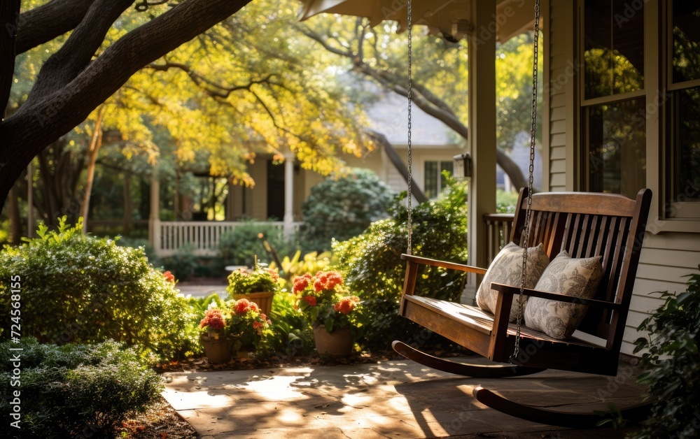 Tranquil Covered Porch Wooden Rocking Chair