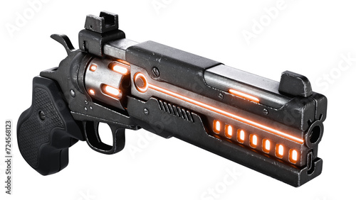 Science fiction futuristic military assault laser gun. Concept design high-tech luminous drum firearm in cyberpunk style with cartridges, black color scratched metal. 3d render isolated transparent. photo