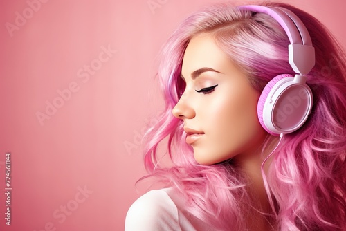 Pink-haired girl grooving to music in headphones on pink background - copy space available