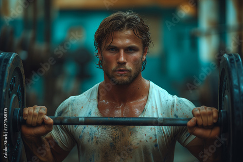 a man is standing by a barbell at the gym © Valeria Selezneva