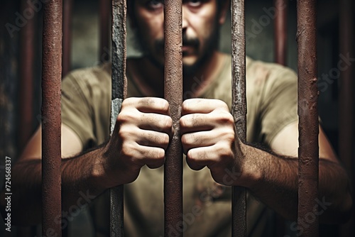 Vászonkép Hands holding prison bars, captivity and freedom concept, criminal justice syste