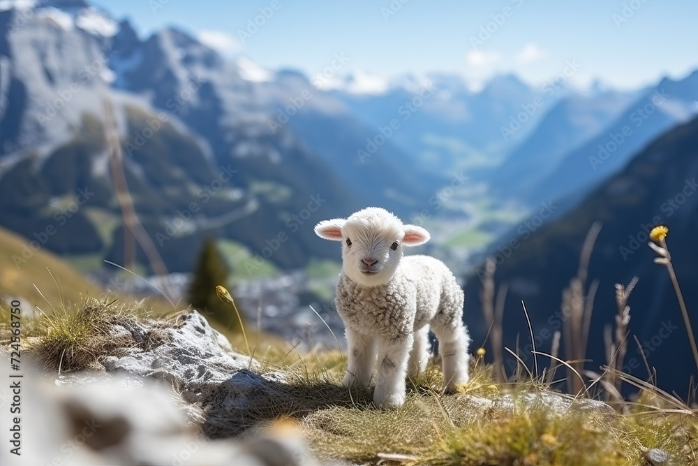 Tranquil alpine beauty. charming image of petit sheep strolling amidst lush meadows - obrazy, fototapety, plakaty 