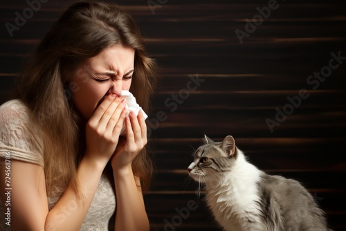 Close-up of young adult woman sneezing next to a curious cat - allergy concept with space for text