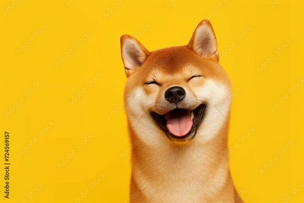 Happy Shiba inu dog on yellow