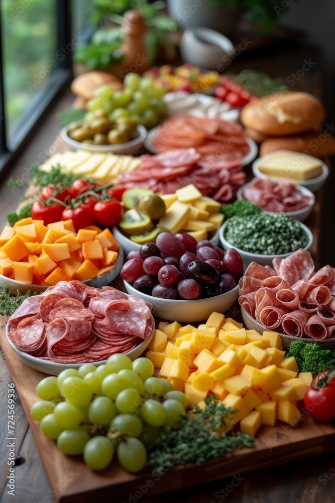A continental breakfast with an appealing spread of fruits, cheeses, cold cuts and bread, showcasing a diverse morning meal A continental breakfast with an appealing spread of fruits, cheeses, cold cuts and bread, showcasing a diverse morning meal