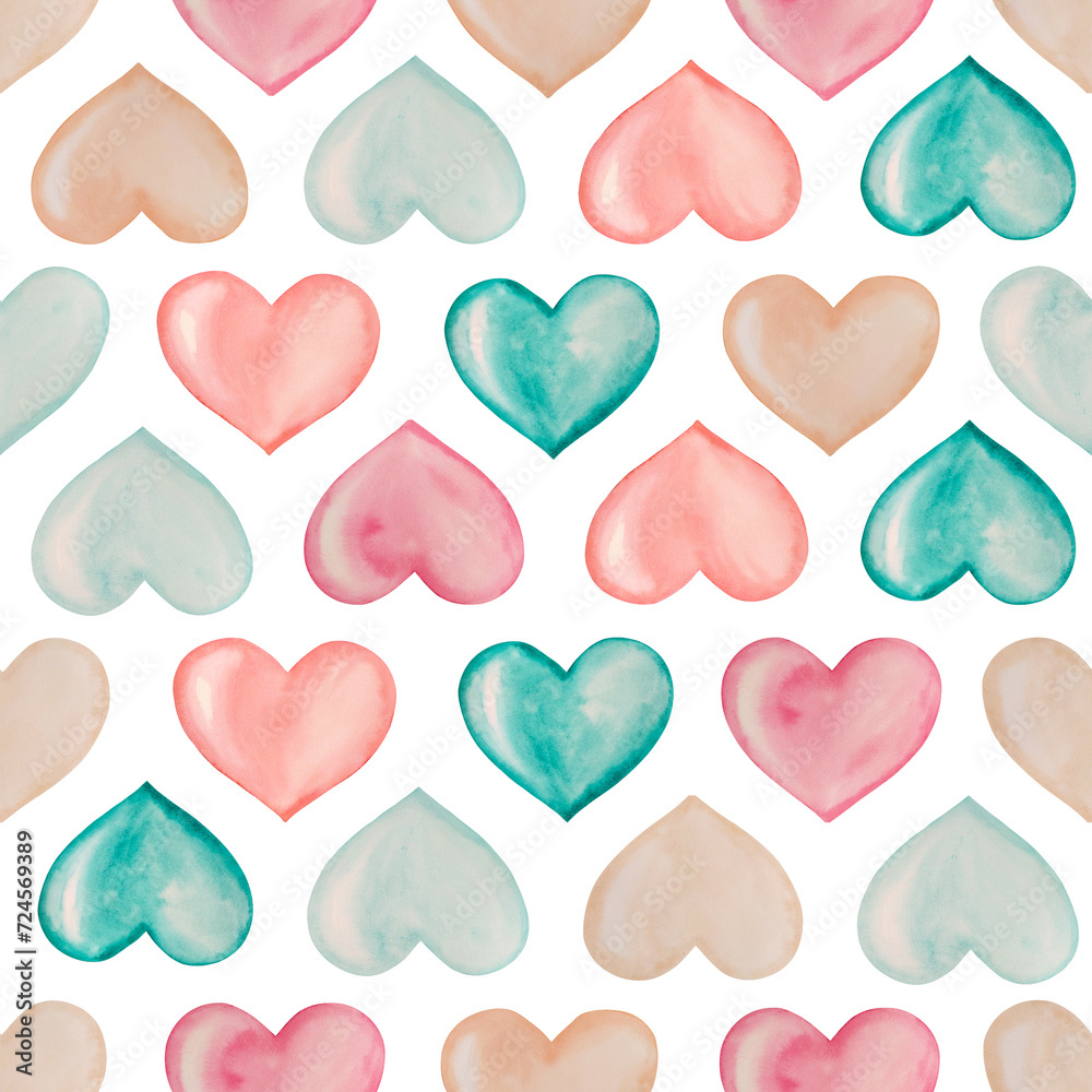 Watercolor seamless pattern colored pastel hearts, Valentine's day, love, hand painted on paper, white background,for design, packaging, invitation, backgrounds, postcard, wrapping paper, scrapbooking