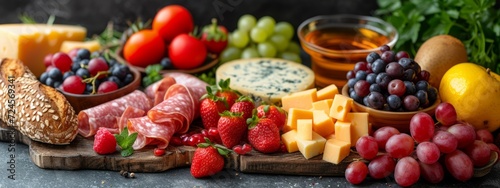 A continental breakfast spread  complete with a colorful assortment of fruits  cheeses  cold cuts and bread