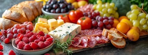 A banner with a continental breakfast - colorful assortment of fruits, cheeses, cold cuts, and bread photo