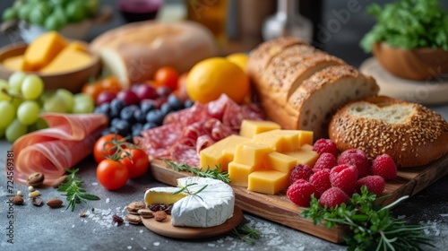 Close-up continental breakfast with a delightful spread of fruits, cheeses, cold cuts and fresh bread