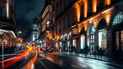 "Ville nocturne : Silhouettes d'immeubles illuminés et traînées de lumières de véhicules"