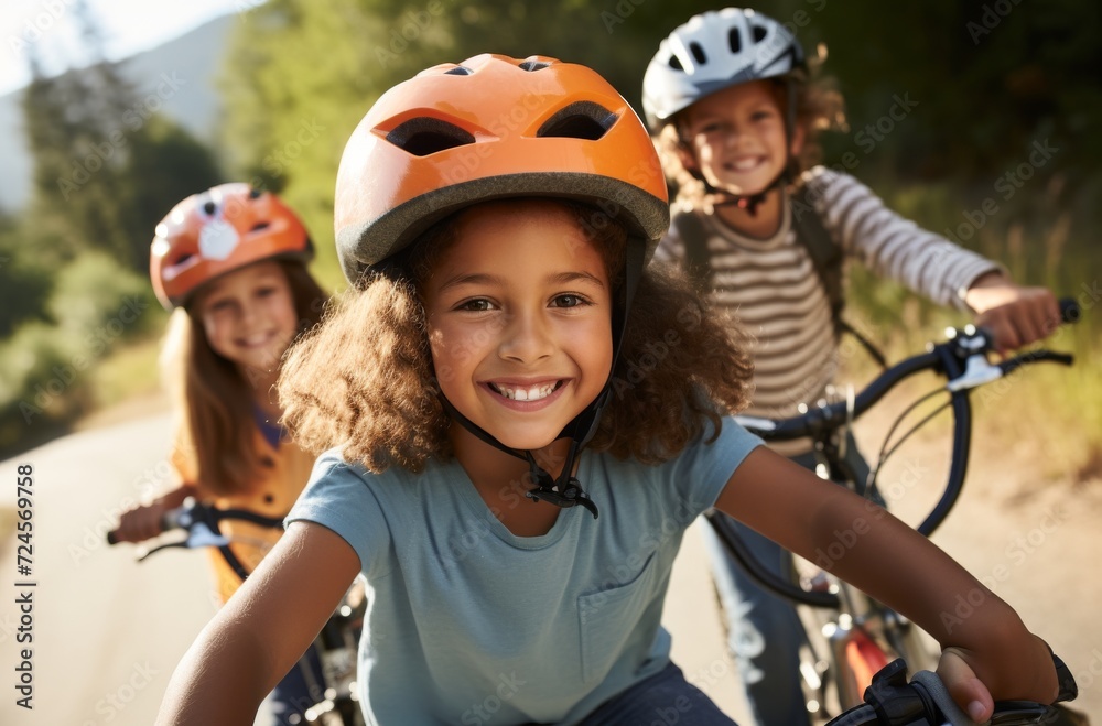 A group of joyful children, all wearing bicycle helmets and sporting bright cycling clothing, ride their colorful bikes along a scenic road, their beaming smiles capturing the essence of carefree out A group of joyful children, all wearing bicycle helmets and sporting bright cycling clothing, ride their colorful bikes along a scenic road, their beaming smiles capturing the essence of carefree out